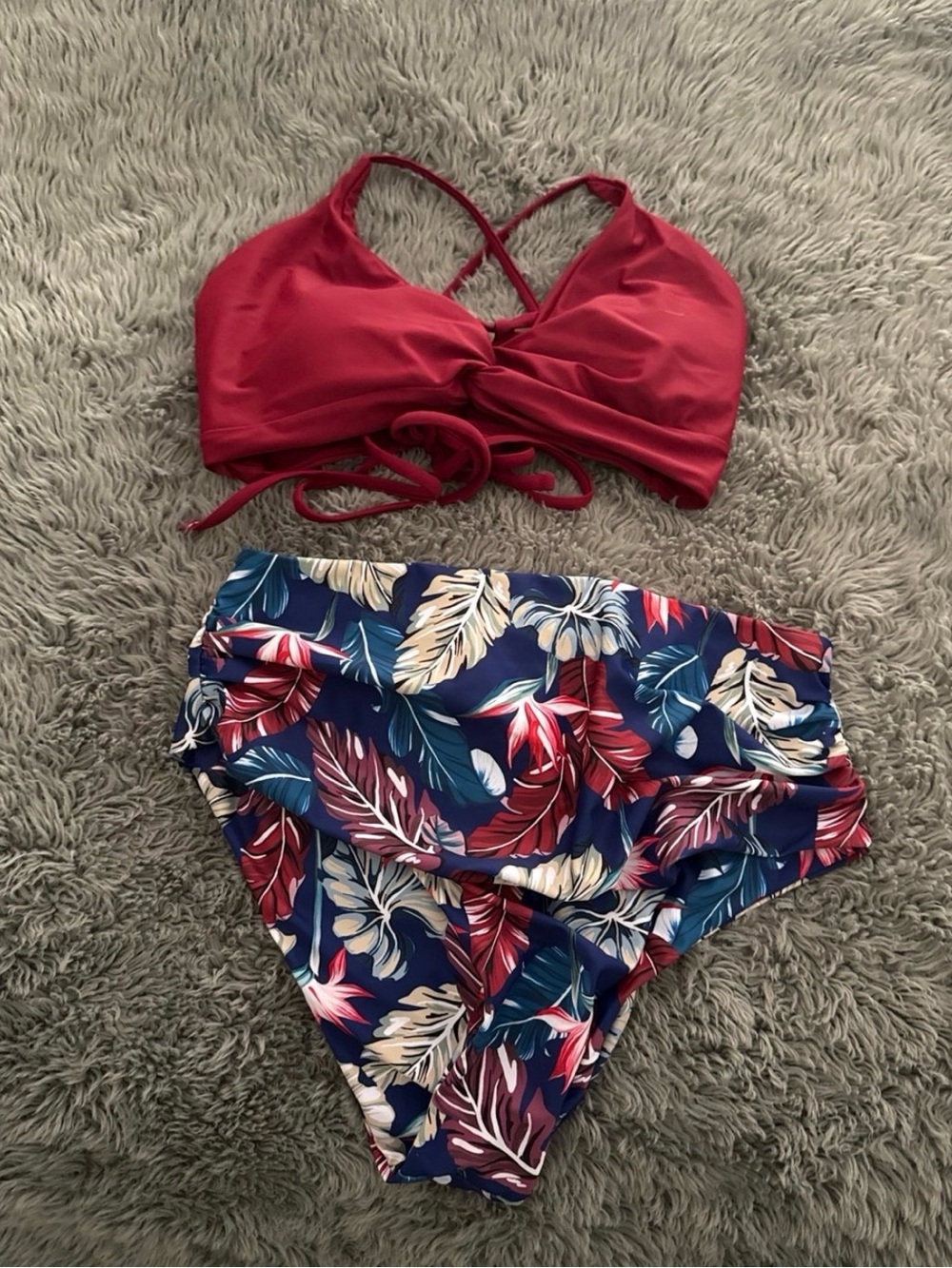 Woman’s Red Bikini Top with Tropical High-Waist Bottom